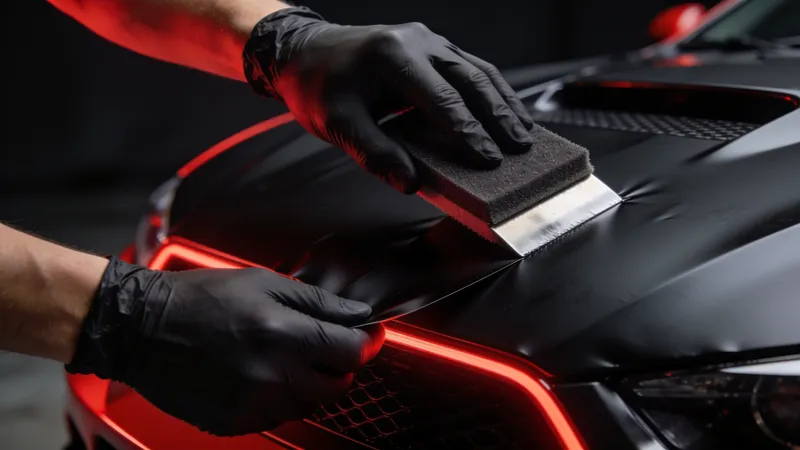 Matte black vinyl wrap being applied to a car bonnet